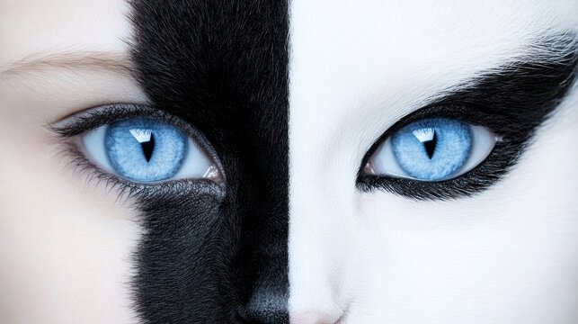 Feline Fusion: Piercing Blue Eyes and Contrasting Fur in Half Human Half Cat Hybrid Portrait
