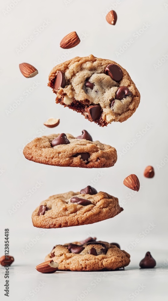 Poster stack of chocolate chip cookies with almonds falling around them.
