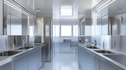Space-efficient hostel bathroom, stainless steel details, eco-friendly toilets, oversized mirrors over sinks enhancing the minimalist aesthetic