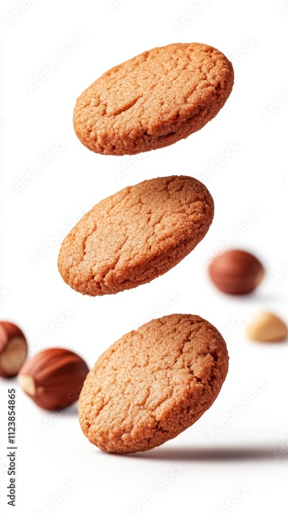 Poster three hazelnut cookies floating in the air with nuts in the background.