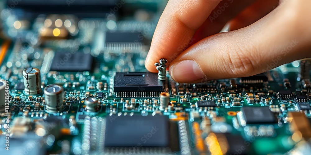 Poster a hand assembling components on a circuit board, showcasing electronics work.