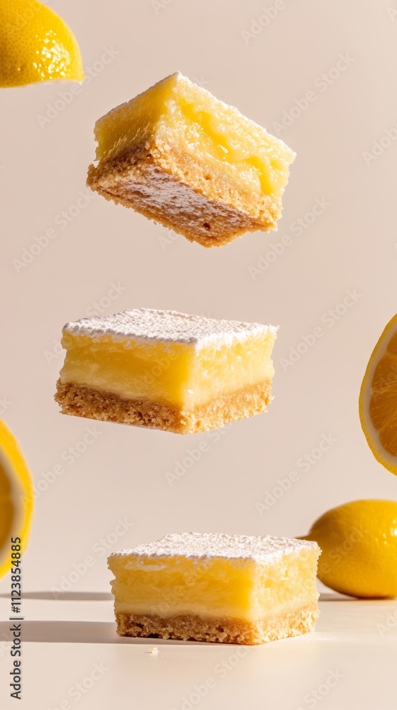 Poster three lemon bars with powdered sugar and lemon slices falling around them on a light beige backgroun