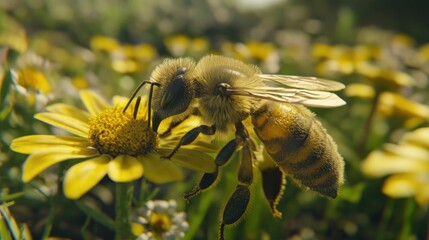 A honeybee gathers nectar from a yellow daisy flower, surrounded by other flowers, in a close-up shot with shallow depth of field.