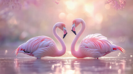 Naklejka premium Two flamingos performing a love dance in shallow water, their necks forming a heart shape, vibrant pink feathers glowing under soft golden hour light, serene wetland background with gentle ripples
