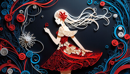 Fototapeta premium Creative paper quill art of a woman silhouette surrounded by colorful patterns and intricate fantasy details