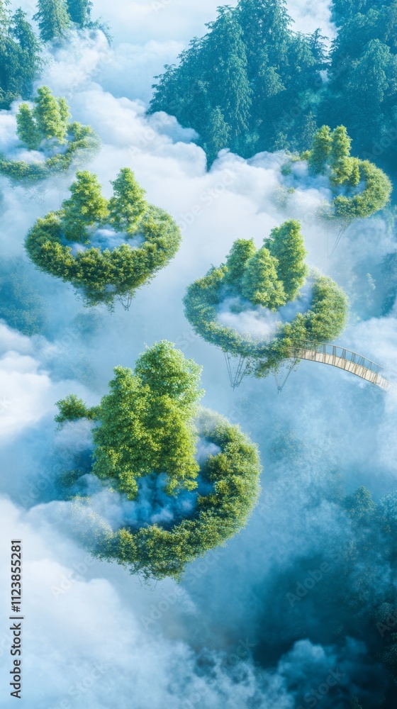 Poster three small islands with trees floating above clouds, with one island connected to the other by a tr