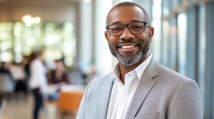 Obraz premium Confident Businessman Smiling in a Bright and Modern Office