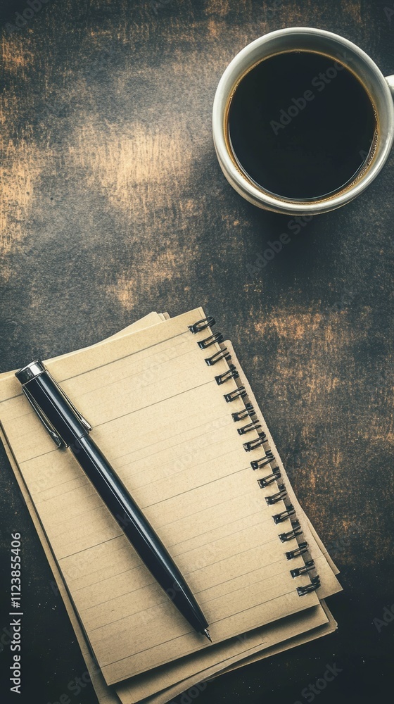 Poster top view of a notebook and pen with a cup of coffee on a rustic background.