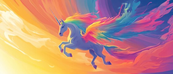 Fototapeta premium Magical Rainbow Unicorn Soaring Through Vibrant Sky, Fantasy Art