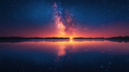 A serene night sky with the Milky Way reflecting on a calm lake at sunset.