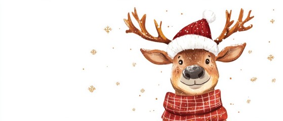 Fototapeta premium Adorable Reindeer Wearing Santa Hat and Scarf for Christmas