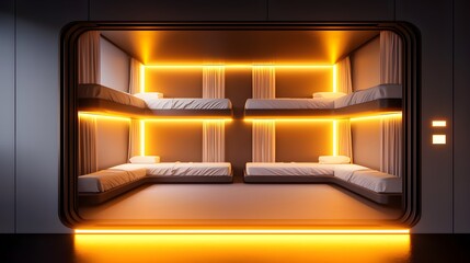 Comfortable hostel dorm featuring modern bunk beds, soft glow lighting, privacy curtains, and individual reading lights, offering a serene space for solo adventurers