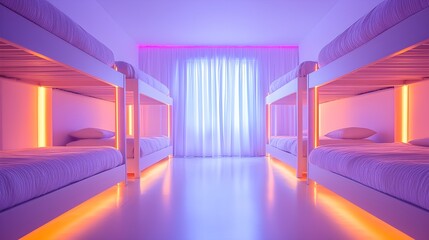 Comfortable hostel dorm featuring modern bunk beds, soft glow lighting, privacy curtains, and individual reading lights, offering a serene space for solo adventurers