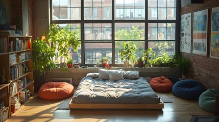 Contemporary hostel interior, plush bed with modern decor, cozy corner filled with bean bags, sunlight pouring through expansive windows, urban vibe