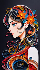 Naklejka premium Quill art woman shape in colorful paper fantasy designs intricate patterns creating magical atmosphere