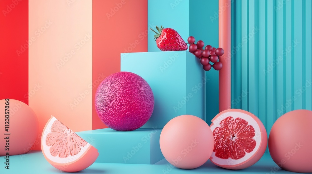 Poster creative display of fruits with bold modern color blocks