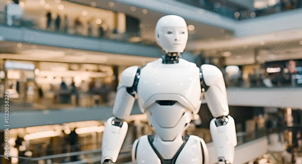 Poster White humanoid robot with a black visor is standing in a crowded shopping mall showcasing the latest advancements in robotics and artificial intelligence 4K