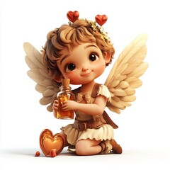 Fototapeta premium Cupid with love potion bottle, whimsical expression, isolated on white, Valentine theme, 3D vector illustration