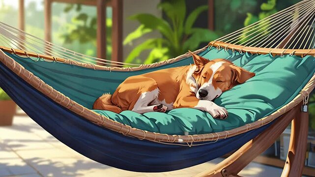 A dog is sleeping on a swing. Seamless 4K looping timelapse video animation background
