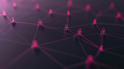 Digital Community: Interconnected Glowing Icons of People on Gradient Pink and Purple Background