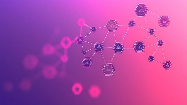 Digital Community: Interconnected Glowing Icons of People on Gradient Pink and Purple Background
