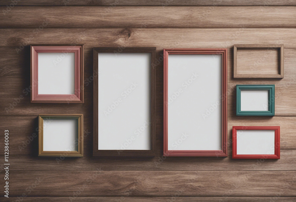 Poster set of various multicolour empty wooden picture frame blank mock-up isolated on transparent backgrou