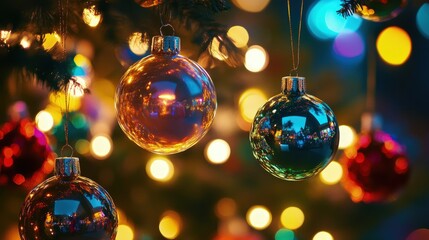 Fototapeta premium Close-up of colorful Christmas ornaments hanging on a decorated tree with blurred lights in the background.