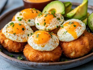 Delicious Breakfast Spread with Mango-Topped Eggs and Tater Tots