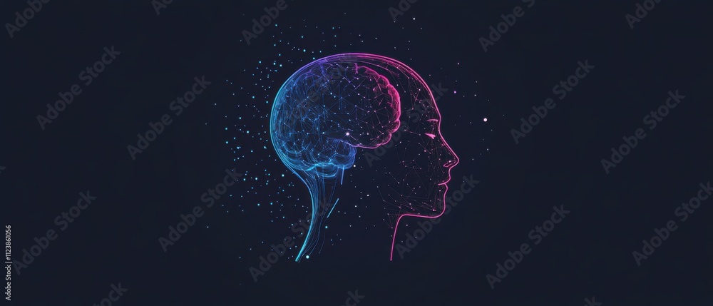 Poster abstract digital brain: human head profile with glowing neural network