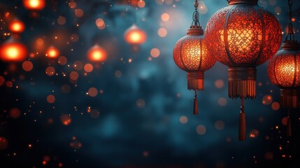 Obraz premium Red lanterns glowing in a mystical atmosphere with bokeh effects.