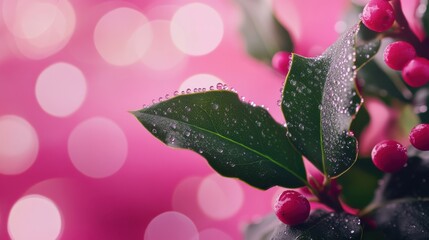 A high-detail macro shot of holly leaves and berries, with dew drops glistening under soft morning light, placed against a blurred pink canvas for contrast