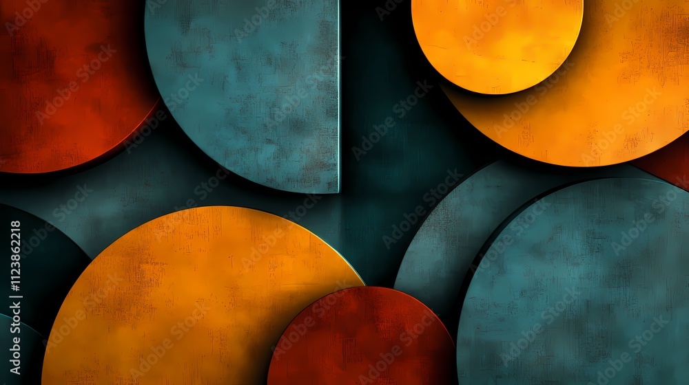 Poster abstract geometric background with overlapping rusty orange and teal circles.
