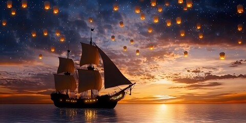 Obraz premium Sunset Sailboat with Sky Lanterns Magical Ocean Voyage