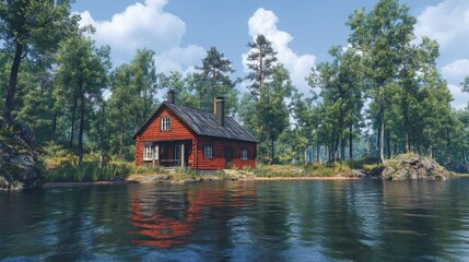 Fototapeta premium A serene red cottage by a calm lake, surrounded by lush green trees under a blue sky.
