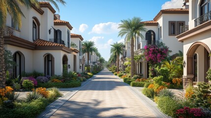 Fototapeta premium A serene residential street lined with palm trees and colorful flowers.