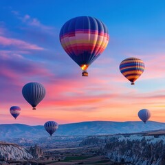 Obraz premium Colorful hot air balloons in sunset sky.