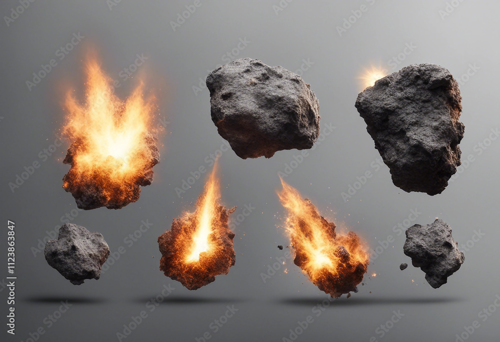 Poster set of various realistic large comet meteorites burns isolated on transparent background