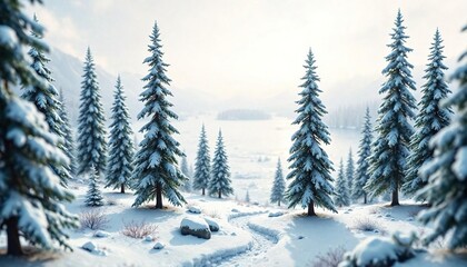 Obraz premium A miniature snow-covered forest with tall evergreen trees and a frozen lake in the background, snow globe, frosty forest, winter scene