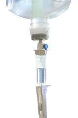 Patient care. Intravenous fluid for treat patient in the hospital. Closeup of saline bag. Saline water drop machine for infusion for treatment patient in hospital room isolated on white background.