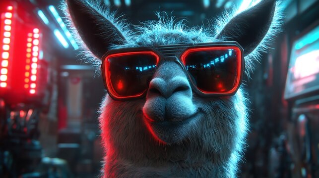 futuristic llama with Meta ray ban sunglasses on in a dark space with neon effortlessly engineering a Prompt for the biggest company in the world