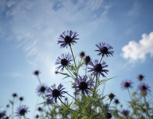 Obraz premium Individual black cumin sativa flowers against a blue sky, landscape, atmospheric