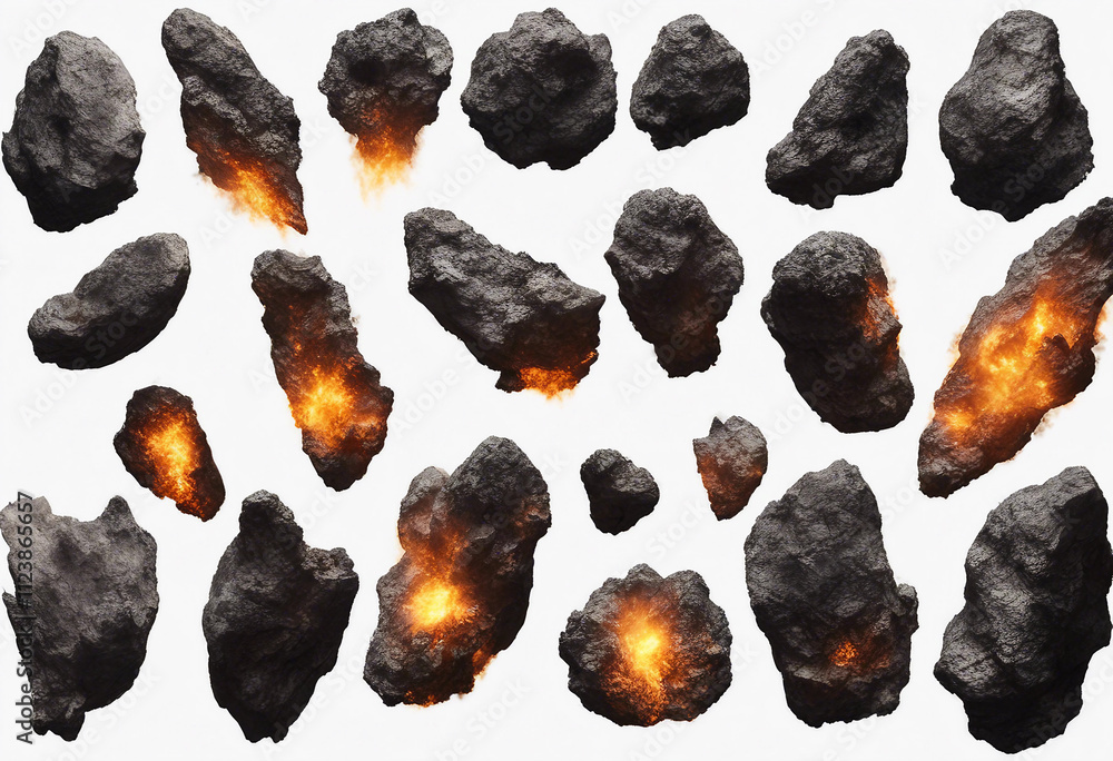 Poster set of various realistic large comet meteorites burns isolated on transparent background