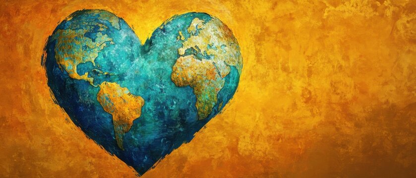 World Map Heart Shape, Global Love, Earth Day Concept Art