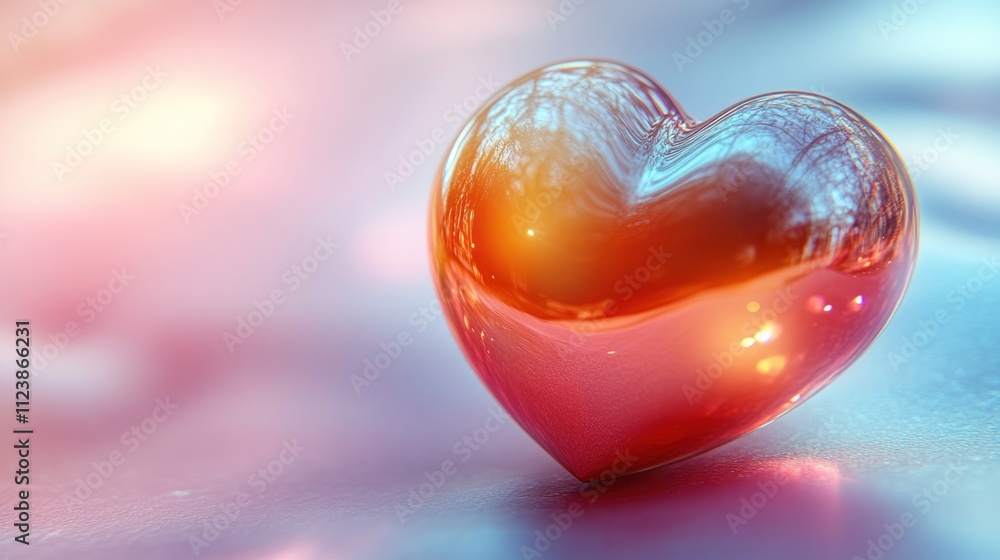 Poster a glossy heart shape reflecting light on a soft surface.