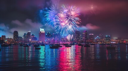 Colorful Fireworks Over City Harbor with Reflections