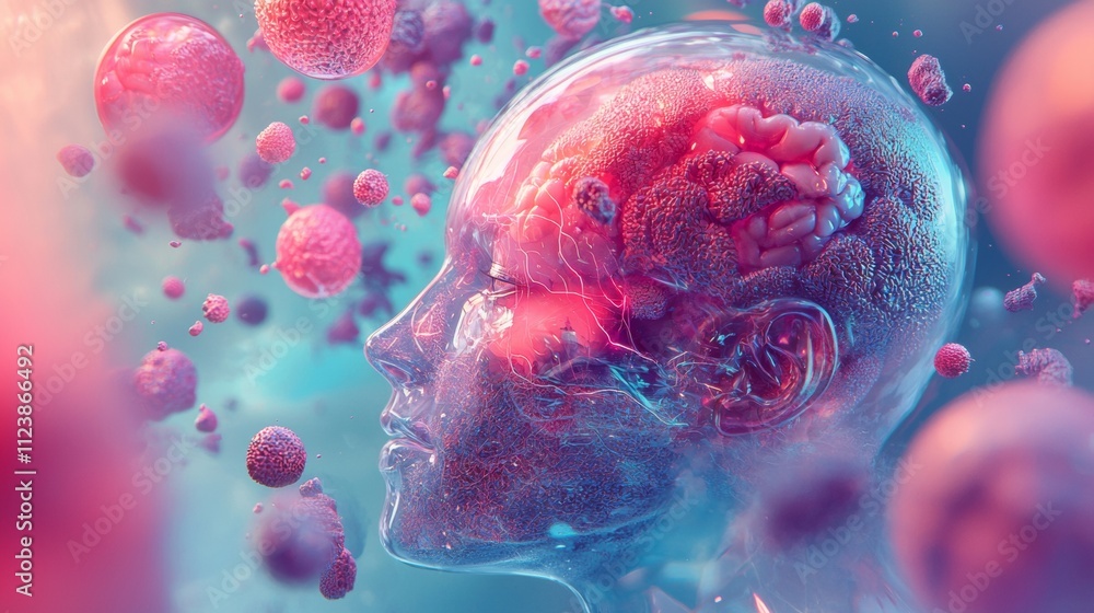 Poster abstract head with neurons and brain in vibrant 3d rendering