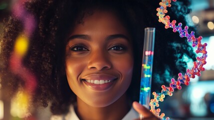 A woman is holding a test tube with a colorful substance in it. She is smiling. The substance is a DNA strand