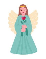 Angel girl with rose. Symbol of Love and Peacefulness. Colored flat vector illustration