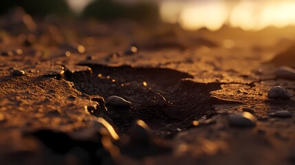 Close-up of cracked, dry earth at sunset.