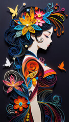 Naklejka premium Elegant quill art of a woman figure surrounded by swirling paper and intricate decorative elements